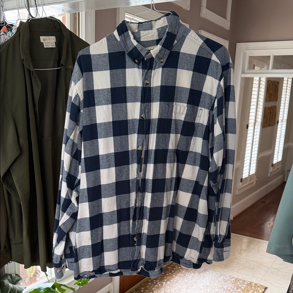 Navy and White Flannel Plaid Men's Casual Shirt